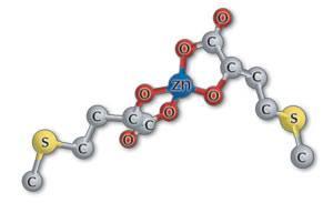 The organic trace mineral chelate HMTBA-zinc consists of two dl-2-hydroxy-4 (methylthio) butanoic acid molecules as ligands binding the trace mineral.