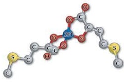 The organic trace mineral chelate HMTBA-zinc consists of two dl-2-hydroxy-4 (methylthio) butanoic acid molecules as ligands binding the trace mineral.