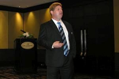 Aviagen International Product Manager Dominic Elfick gives a presentation on feeding the world at a networking event held during VIV Asia.
