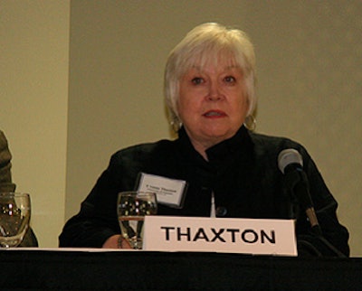 Yvonne Thaxton explains animal welfare issues at the Chicken Media Summit.