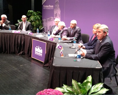 Former U.S. agriculture secretaries (from left) Ed Schafer, John Block, Mike Espy, Dan Glickman, Ann Veneman, and Ed Schafer took part in a roundtable discussion about the Farm Bill on October 22 at . Barry Flinchbaugh, center, professor emeritus at KSU, served as moderator.