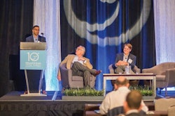 Rohil Shah, a senior buyer at the Arby's supply chain cooperative ARCOP Inc. (left), speaks at the Oilseed & Grain Trade Summit in Minneapolis on Thursday, Oct. 1. Philippe de Laperouse, managing director at HighQuest Partners (center), and Drew Lein, markets manager for global dairy sourcing at General Mills (right), joined him on the animal protein buyers panel.