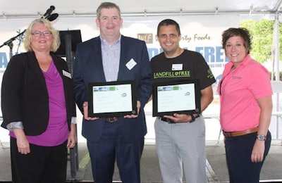 Michele Boney, West Liberty Foods; Tim Cox, Liberty Cold; Joe Cangelosi, West Liberty Foods, and Jamie Bush, NSF International Strategic Registrations, celebrate the accomplishment of West Liberty Foods fully becoming a landfill-free company. | West Liberty Foods