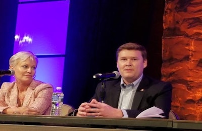 Sara Lilygren, formerly vice president corporate affairs, Tyson Foods, and Jack Hubbard, American Humane Association speaking at the 2017 Chicken Marketing Summit. | Gary Thornton