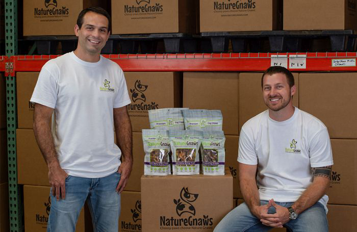 Jay Mokbel and Steve Mamak, co-founders of Nature Gnaws, have made the most of e-commerce&rsquo;s growth in pet food, selling their all-natural dog chews on digital platforms such as Target.com, Chewy.com and Amazon.com. | Photo courtesy Nature Gnaws