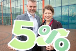 Matt Harris, Moy Park head of packaging, and Jane Bevis, chair of the On-Pack Recycling Label scheme, celebrate the launch of Moy Park's plastic and packaging reduction initiative. (Moy Park)