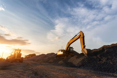 Backhoe Used In Construction, Big Excavator On New Construction