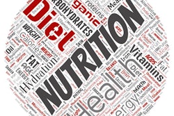 Conceptual nutrition health diet round circle red word cloud iso