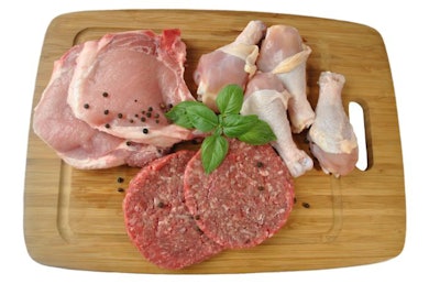 Raw Beef, Pork, And Chicken On A Cutting Board