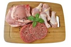 Raw Beef, Pork, And Chicken On A Cutting Board