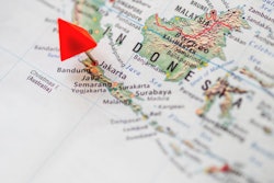 World Map With Focus On Republic Of Indonesia. Red Triangle Pin