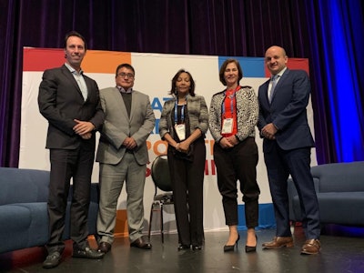 Juan Montoya (Incubadora Santander), Carlos Ikeda (San Fernando), Juana Galván (Latin American Poultry Association, host), Pilar Zubizarreta (Pollpar) and Xavier Vargas (Cargill Protein Latin America) during the opening of the Latin American Poultry Summit in Atlanta. (Benjamín Ruiz)