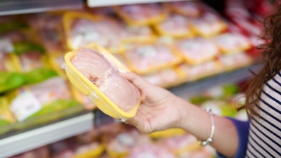 Meat In Food Store . Woman Choosing Packed Fresh Chicken Meat In