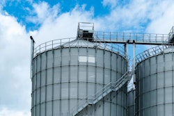 Agricultural Silo At Feed Mill Factory. Big Tank For Store Grain