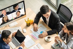 Video Call Group Business People Meeting On Virtual Workplace Or