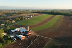 Aerial View Of American Countryside Landscape. Farm, Red Barn, C
