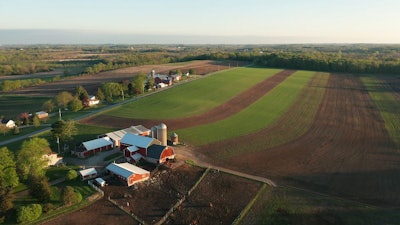 Aerial View Of American Countryside Landscape. Farm, Red Barn, C