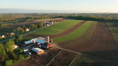 Aerial View Of American Countryside Landscape. Farm, Red Barn, C