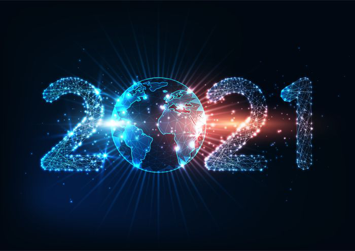 Futuristic New Year Digital Web Banner With Glowing Low Polygona