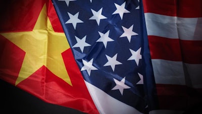 Usa And China Flag On Black Background.