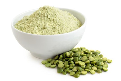 Dried Green Pea Flour In A White Ceramic Bowl Next To A Pile Of