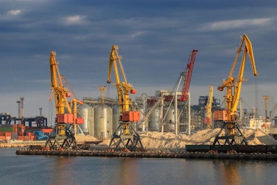 Lifting Cargo Cranes, Ships And Grain Dryer In Sea Port Of Odess