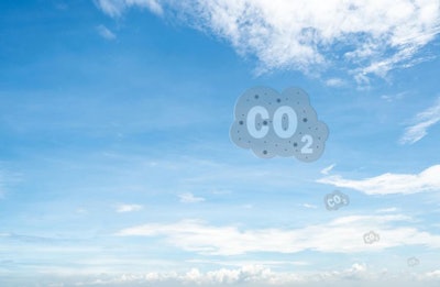 Co2 Symbol On Blue Sky And White Clouds. Co2 Emissions. Greenhou