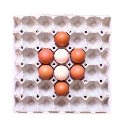 Eggs in paper tray isolated on white background