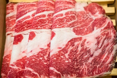 Premium Japanese Wagyu Fit In A Wooden Plate. Beautiful Marbled