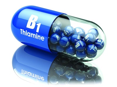 Vitamin B1 capsule. Pill with thiamine. Dietary supplements. 3d illustration