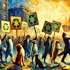 Dall·e 2024 05 14 09 27 53 A Dramatic Impressionist Painting Of Dogs And Cats Protesting The Animals Are Depicted Holding Signs With Recycling Symbols On Them The Scene Captur
