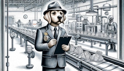 Dall·e 2024 05 20 08 50 01 A Detailed And Whimsical Illustration Of A Dog Dressed As A Federal Inspector The Dog Is Wearing A Suit, Tie, And A Hat With A Badge It Is Examining