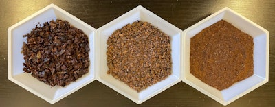 Wet, dry and dry and ground (left to right) grape pomace.