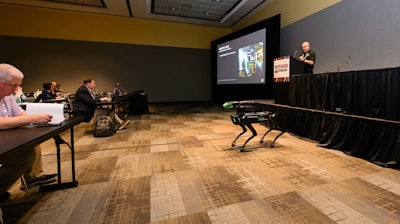 Spot, an autonomous mobile robot, visited the Innovations in Pet Food Processing educational sessions with Dean Elkins from Gray Solutions.