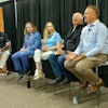 Mark Hulsebus, Mark Lyons, Maria Zieba, Gordon Spronk and Frank Mitloehner take part in a panel discussion at World Pork Expo.