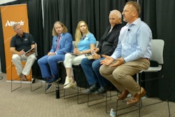 Mark Hulsebus, Mark Lyons, Maria Zieba, Gordon Spronk and Frank Mitloehner take part in a panel discussion at World Pork Expo.