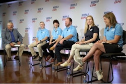 AgriTalk host Chip Flory (left) moderated a policy panel on pork priorities at World Pork Expo in Des Moines. NPPC panelists included (from left): Bryan Humphreys, CEO; Lori Stevermer, president; Chase Adams, assistant vice president of domestic policy; Maria C. Zieba, vice president of government affairs; and Dr. Anna Forseth, director of animal health.