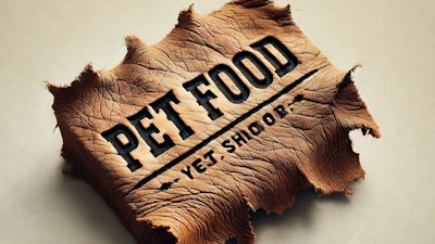 Dall·e 2024 09 18 09 46 34 A Close Up View Of A Piece Of Rawhide Leather, Rough And Rugged In Texture With Uneven Edges The Rawhide Is Branded With The Words 'pet Food' In Bold