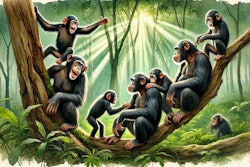 Dall·e 2024 09 10 10 12 19 A Watercolor Painting Of A Joyful Chimpanzee Troop In Their Natural Habitat The Scene Shows Several Chimpanzees Interacting Playfully With One Anothe