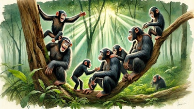 Dall·e 2024 09 10 10 12 19 A Watercolor Painting Of A Joyful Chimpanzee Troop In Their Natural Habitat The Scene Shows Several Chimpanzees Interacting Playfully With One Anothe