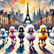 Dall·e 2024 07 25 12 45 27 An Expressionist Watercolor Painting Of French Poodles Walking On A Fashion Runway, With The Paris Skyline Visible In The Background The Scene Is Vib