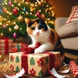 Dall·e 2024 12 17 11 27 56 A Calico Cat With A Guilty Expression, Caught In The Act Of Scratching The Wrapping Paper Off A Christmas Present The Scene Is Under A Decorated Chri