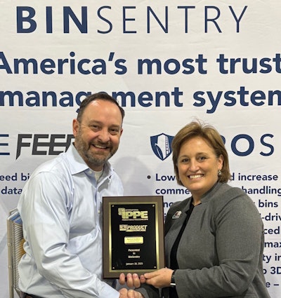 2025 IPPE New Product Showcase Best of the Best in Animal Food presented to BinSentry. Ben Allen, CEO, BinSentry, and Constance Cullman, CEO, American Feed Industry Association.