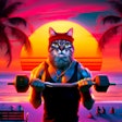 Dall·e 2024 05 17 09 58 26 A Dramatic Scene From The Training Montage Of An Action Hero In An 80s Movie The Hero Is An Anthropomorphic Cat Wearing A Red Headband, Lifting Weigh