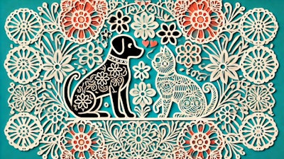 Dall·e 2025 01 02 17 20 32 A Traditional Mexican Papel Picado Design Featuring Detailed Silhouettes Of A Dog And A Cat, Intricately Cut With Floral And Geometric Patterns Surrou