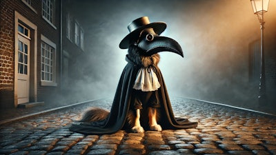 Dall·e 2025 01 10 16 33 45 A Highly Detailed Cgi Rendering Of A Dog Wearing A Full Plague Doctor Costume, Including A Long Black Cloak, A Bird Like Mask With A Prominent Beak, A