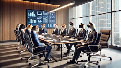 Dall·e 2025 02 27 17 43 17 A Group Of Humanoid Cats In Business Suits Sitting In A Modern Boardroom The Feline Executives Have A Variety Of Fur Colors And Patterns, Including T