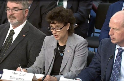 Lori Stevermer, president of the National Pork Producers Council, testifies about trade concerns at a U.S. Senate hearing.