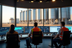 Industrial control room with workers analyzing data, grain silos in background