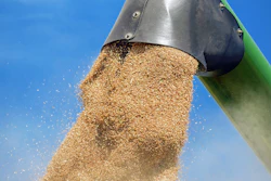 Golden grain cascading from industrial chute against blue sky